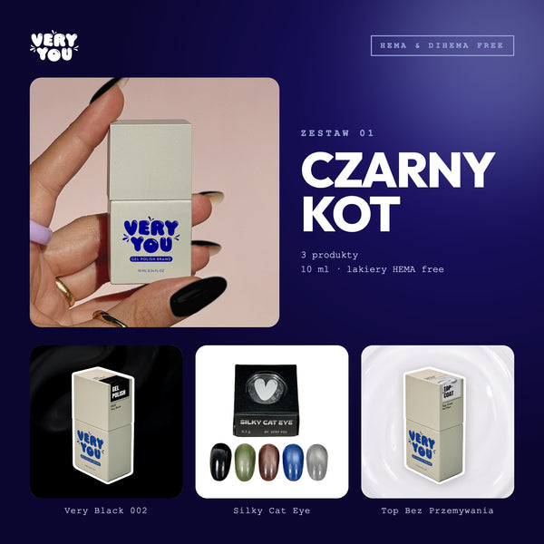 Zestaw Czarny Kot – Czarne Paznokcie Cat Eye: Lakier, Pyłek, Top